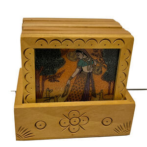 Gemstone Coasters From India Gem Stone & Wood Set Of 6 Hand Carved Set